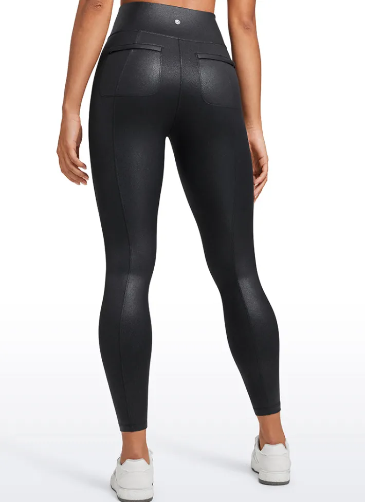 Cheap CRZ YOGA Butterluxe Matte Faux Leather Leggings with Back Pockets 25" Black Foil Pattern
