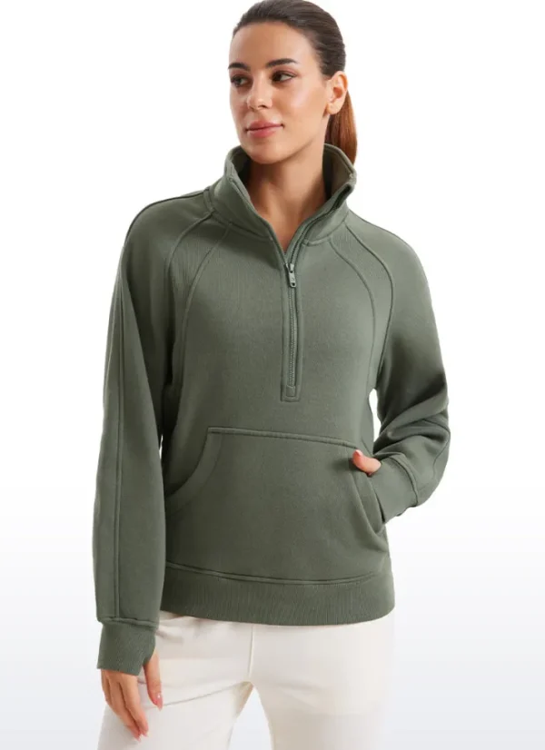 Cheap CRZ YOGA Fleece Lined Half Zip Hip-Length Hoodies Funnel Neck with Thumb Holes