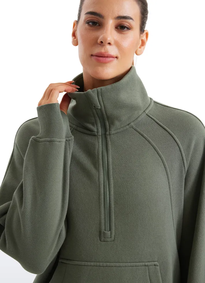 Cheap CRZ YOGA Fleece Lined Half Zip Hip-Length Hoodies Funnel Neck with Thumb Holes