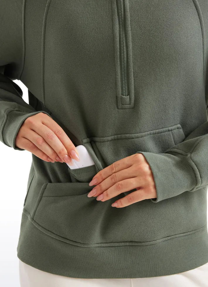 Cheap CRZ YOGA Fleece Lined Half Zip Hip-Length Hoodies Funnel Neck with Thumb Holes