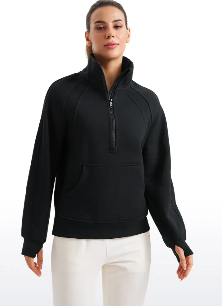 Cheap CRZ YOGA Fleece Lined Half Zip Hip-Length Hoodies Funnel Neck with Thumb Holes