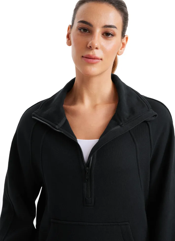 Cheap CRZ YOGA Fleece Lined Half Zip Hip-Length Hoodies Funnel Neck with Thumb Holes