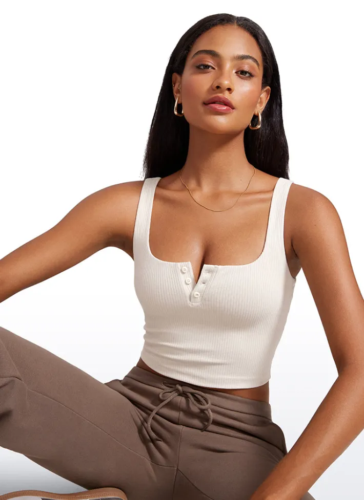 Flash Sale CRZ YOGA Ribbed Henley Neck Build-in Bra Tanks