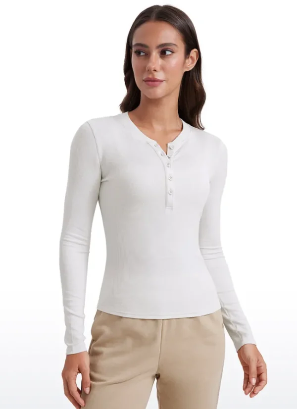 Sale CRZ YOGA Ribbed Modal Henley Shirts Long Sleeves