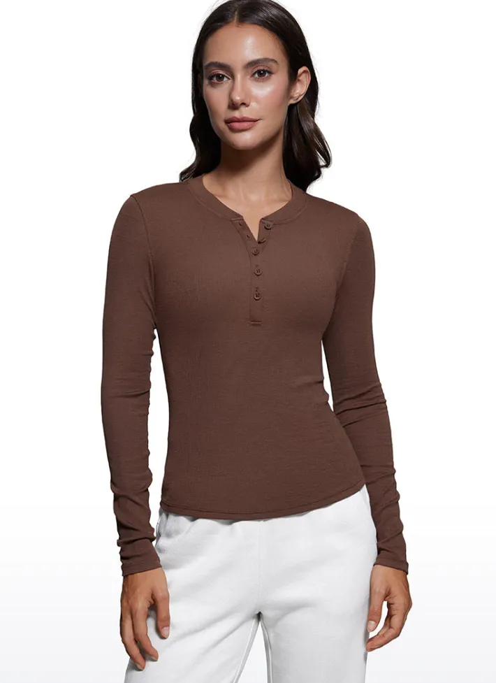 Sale CRZ YOGA Ribbed Modal Henley Shirts Long Sleeves