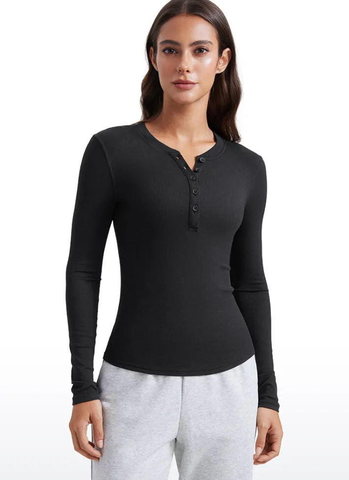 Sale CRZ YOGA Ribbed Modal Henley Shirts Long Sleeves