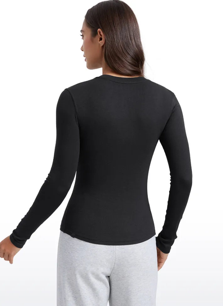 Sale CRZ YOGA Ribbed Modal Henley Shirts Long Sleeves