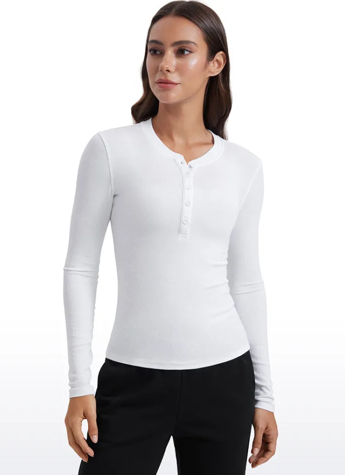 Sale CRZ YOGA Ribbed Modal Henley Shirts Long Sleeves