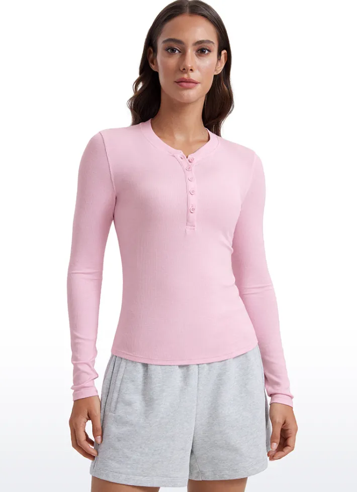 Sale CRZ YOGA Ribbed Modal Henley Shirts Long Sleeves