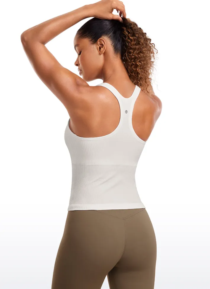 Best CRZ YOGA Seamless Ribbed Waist Length Racerback Built in Bra Tanks
