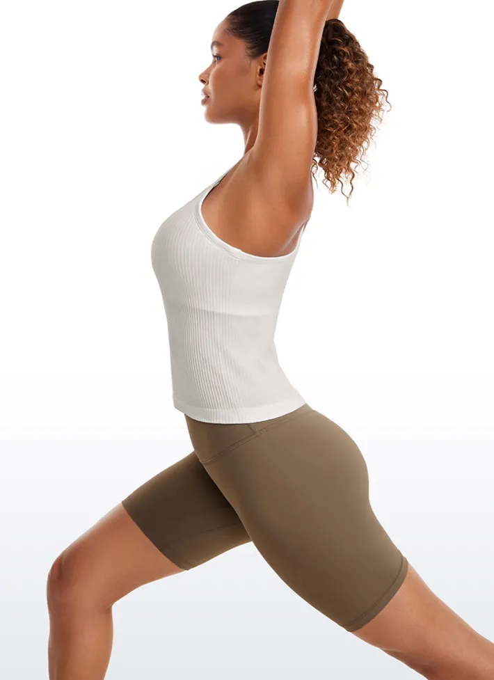 Best CRZ YOGA Seamless Ribbed Waist Length Racerback Built in Bra Tanks