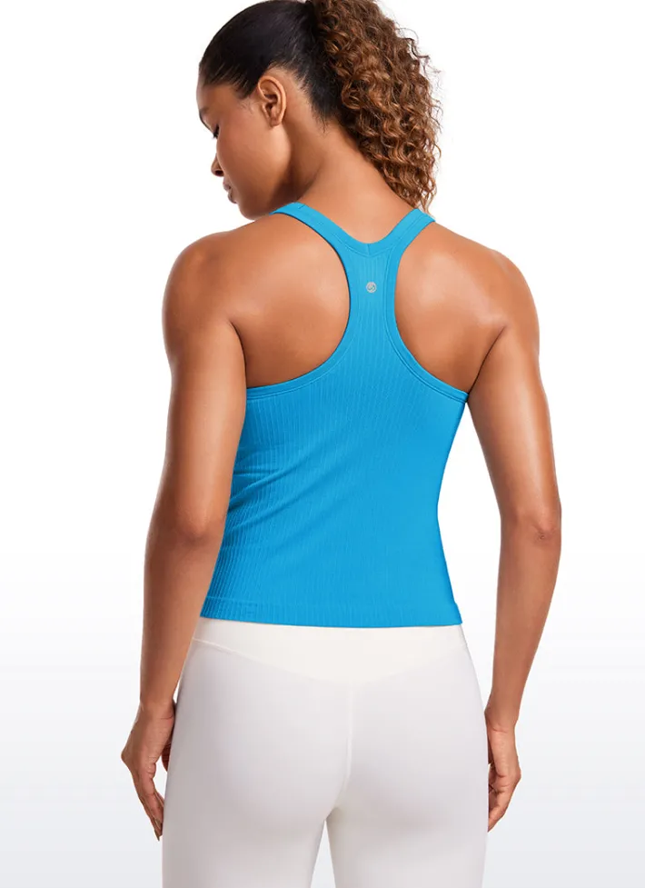 Best CRZ YOGA Seamless Ribbed Waist Length Racerback Built in Bra Tanks