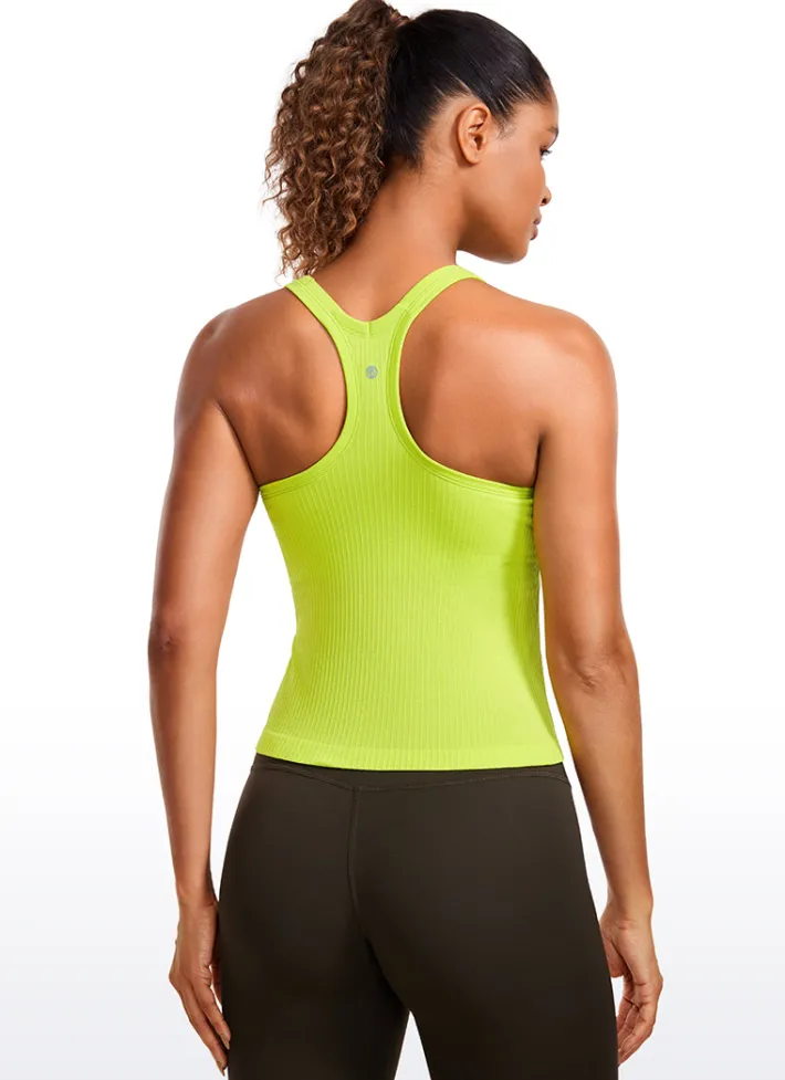 Best CRZ YOGA Seamless Ribbed Waist Length Racerback Built in Bra Tanks
